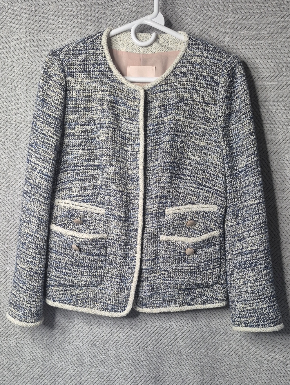 EUC Rebecca Taylor Designer Blue Cream Tweed Boucle Collarless Jacket Women's 6